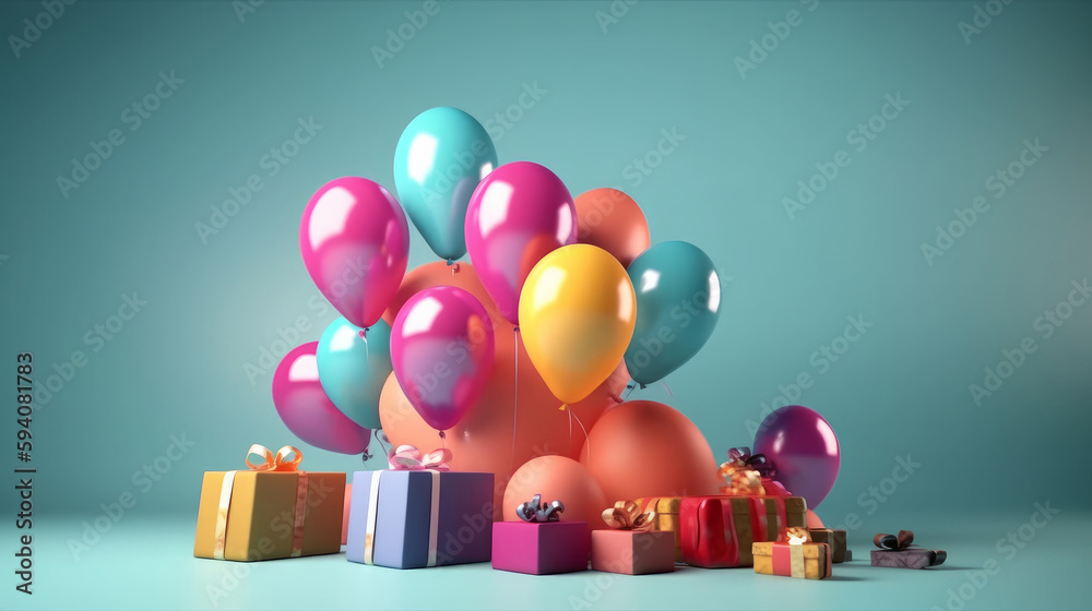 Happy Birthday Background with balloons. Illustration AI Generative