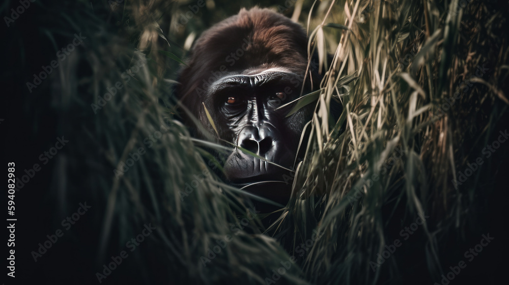 Giant gorilla hiding in the weeds  Illustration AI Generative.