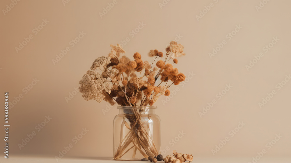 Minimalist background with dry flowers. Illustration AI Generative.