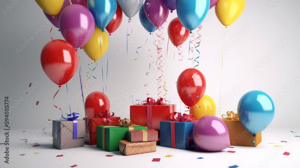 Happy Birthday Background with balloons. Illustration AI Generative