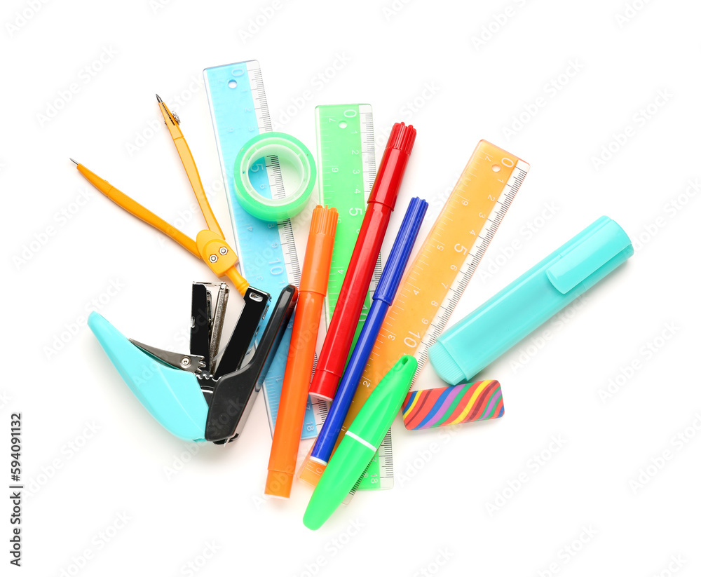 Colorful stationery supplies on white background