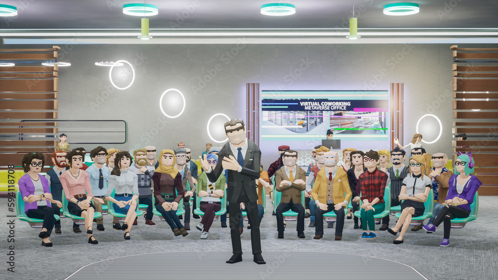 Metaverse avatars of people seminar online in virtual worlds, 3d render