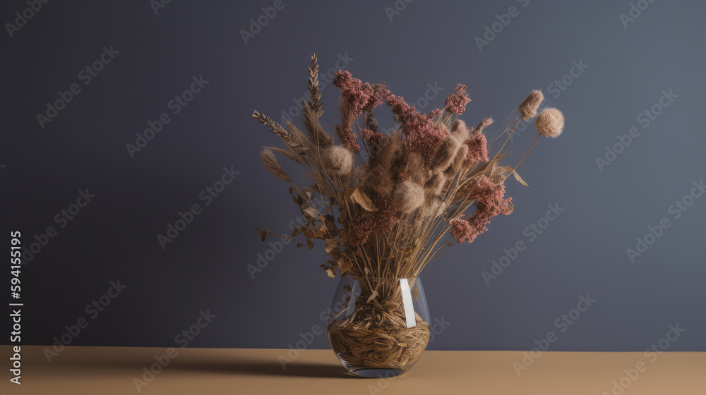 Minimalist background with dry flowers. Illustration AI Generative.