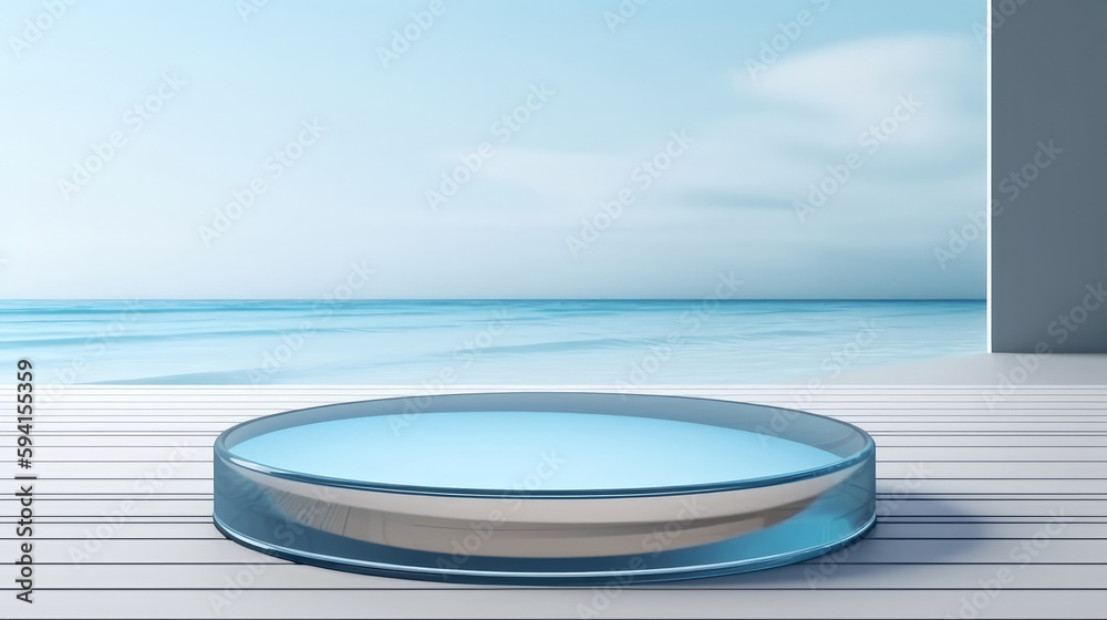 Blue circle podium on ocean background. Illustration AI Generative