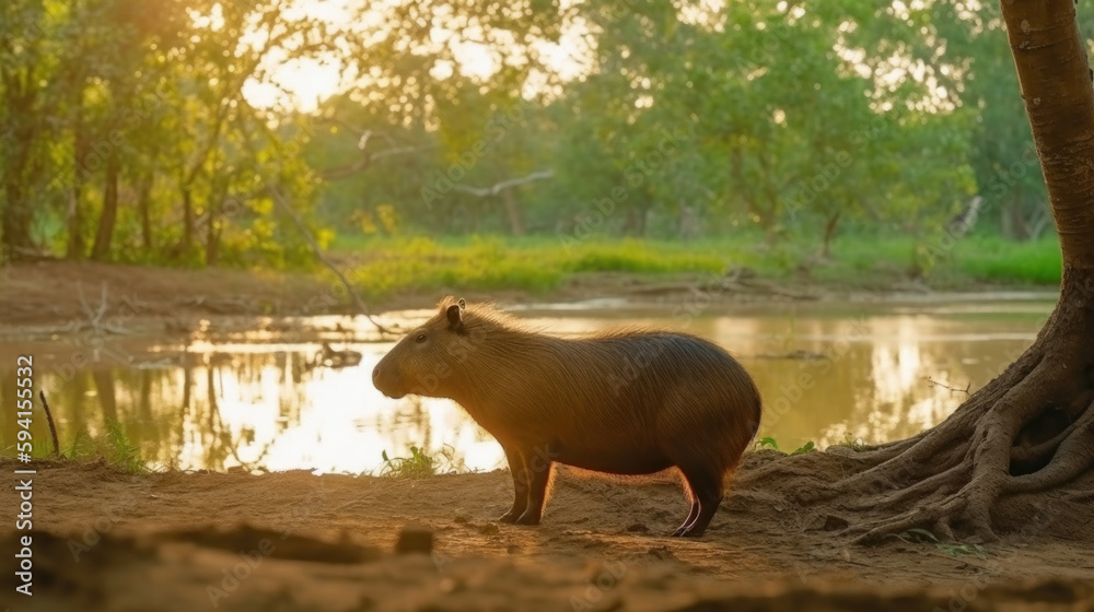 Cute capybara in nature. Illustration AI Generative.