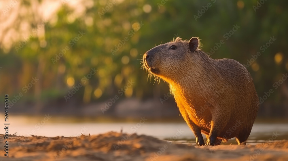 Cute capybara in nature. Illustration AI Generative.