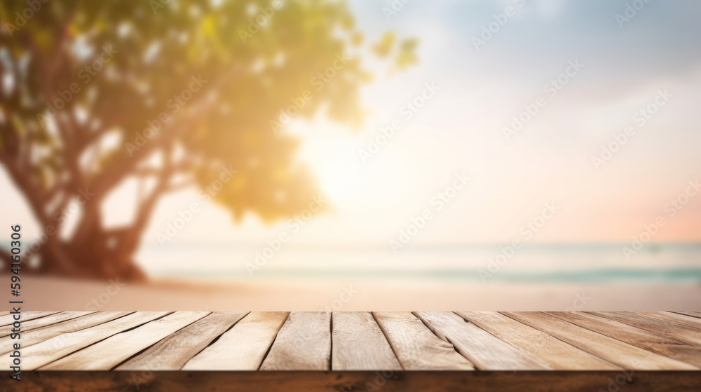 Nature background with wood table. Illustration AI Generative.