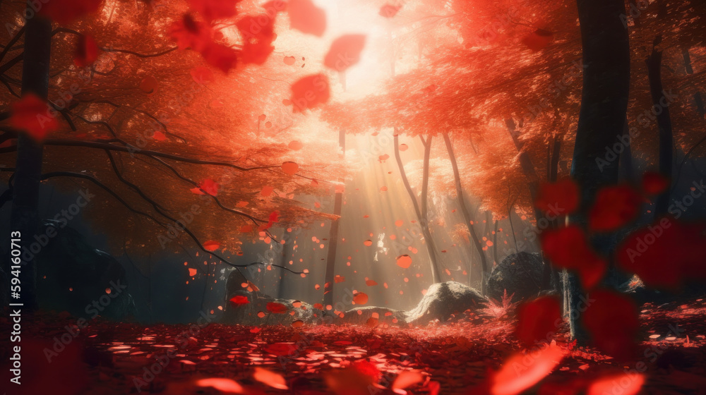 Autumn falling leaves background. Illustration AI Generative.