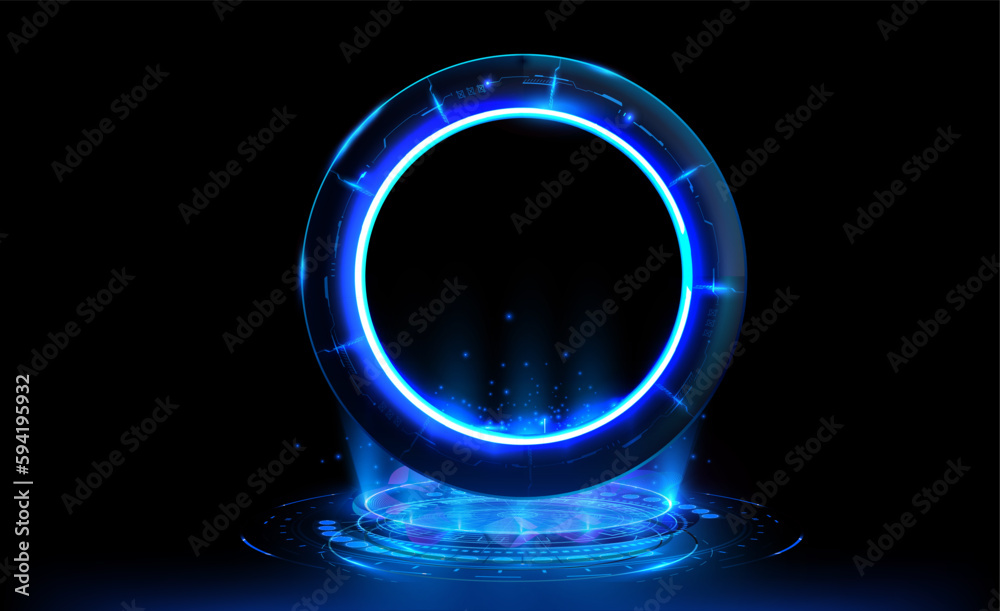 Empty Blue neon futuristic lighting stage. Blue hologram portal. Magic fantasy portal. Magic circle 