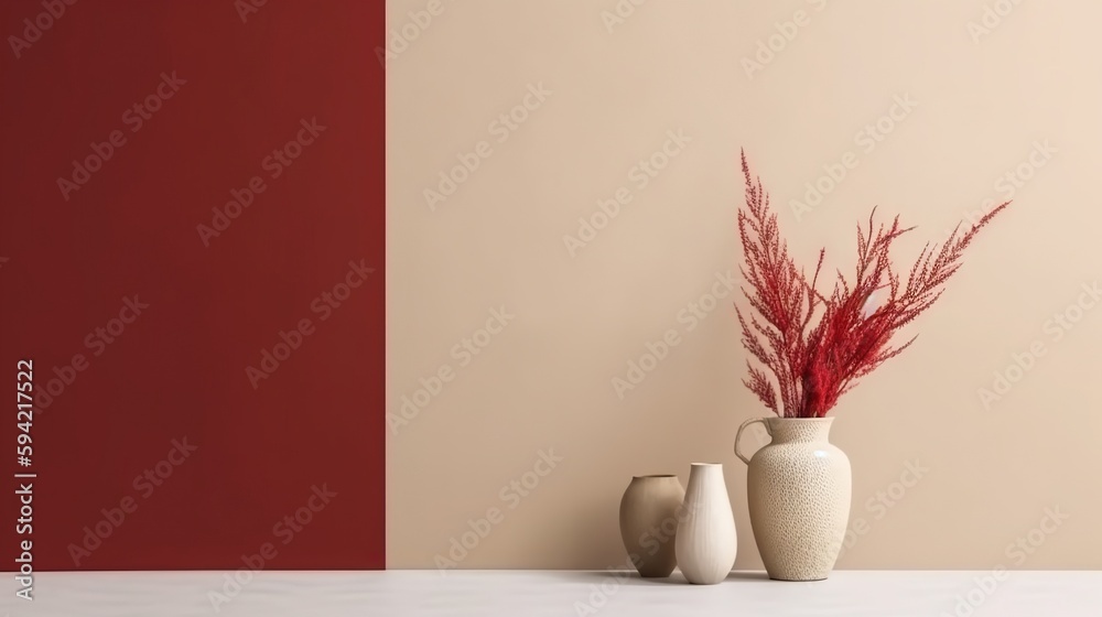 Vase with decorative plant branch against red and beige wall background. Minimalist interior mockup.