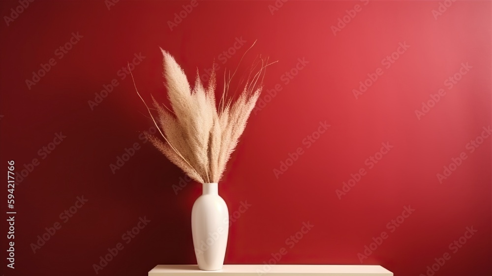 Vase with decorative plant branch against red wall background. Minimalist interior mockup. Generativ