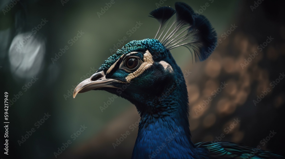 Close up photo of Peafowl bird on forest background. Generative AI