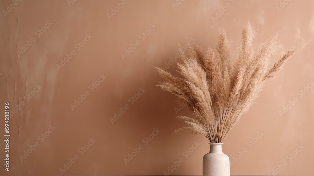 Vase with decorative dry plant branch against beige wall background. Minimalist interior mockup. Gen