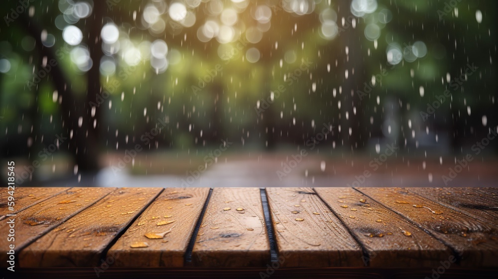 Wood table mockup with summer rain over green landscape. Empty copy space for product presentation. 