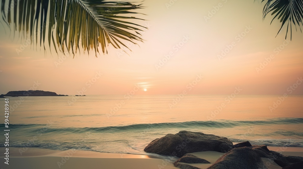 Tropical summer seascape with palm leaves, beach and paradise ocean on sunset. Generative AI