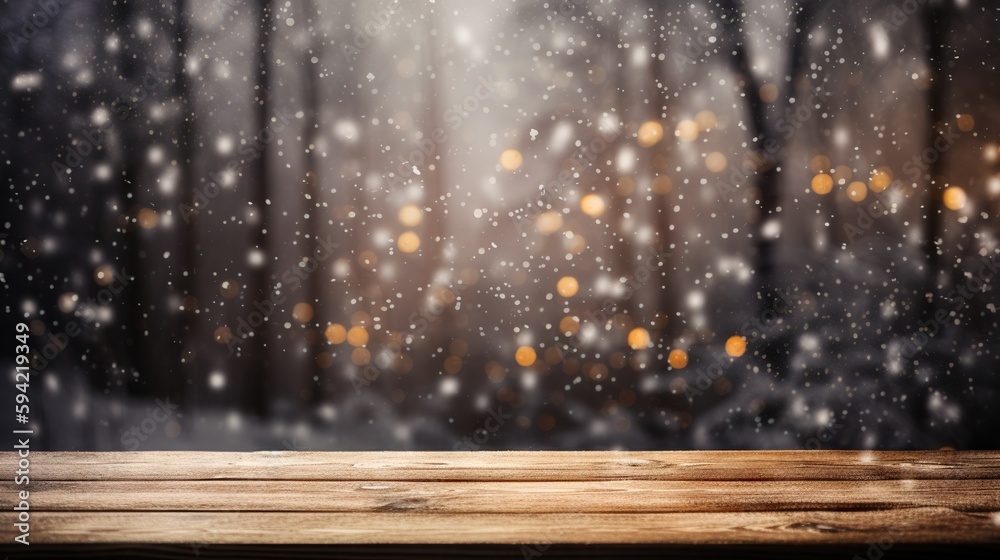 Wood table mockup with falling snow on background. Empty copy space for product presentation. Genera