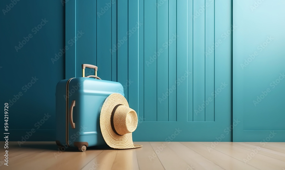 Blue travel suitcase with straw hat, on light blue background. Trip concept. Generative AI