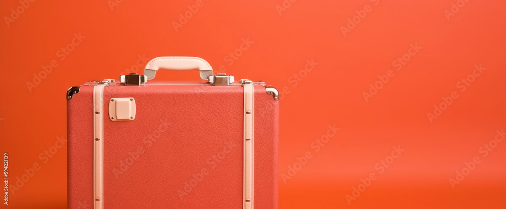 Red travel suitcase, on red background. Trip concept. Generative AI