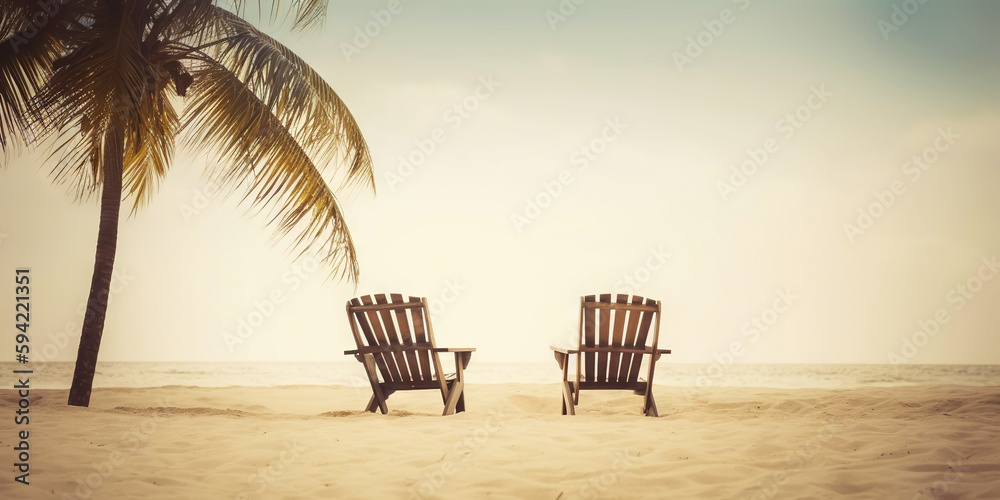 Two beach chair on beautiful tropical beach. Travel paradise concept. Generative AI