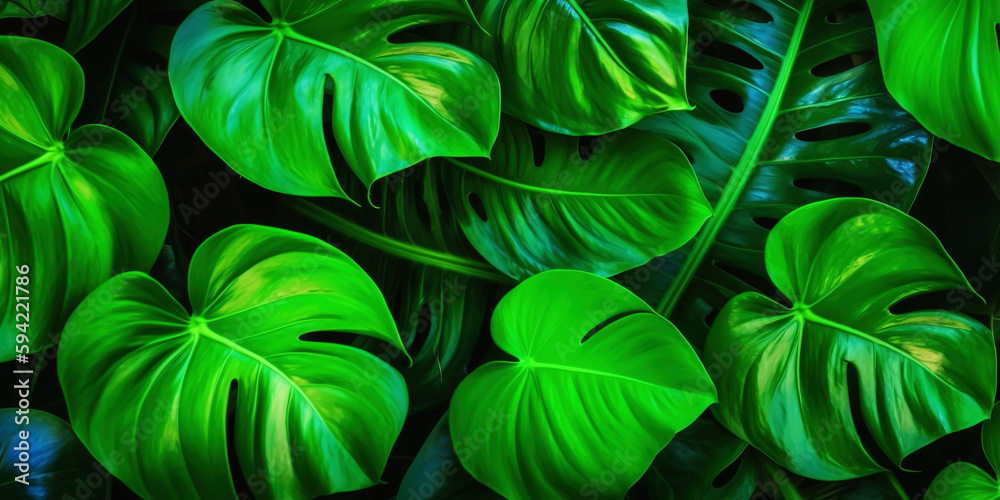 closeup nature view of green leaf and palms background. Flat lay, dark nature concept, tropical leaf