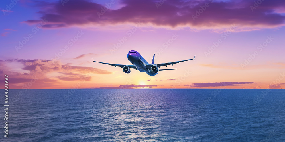 Passengers commercial airplane flying above sea surface on colorful paradise sunset. Airliner in fli