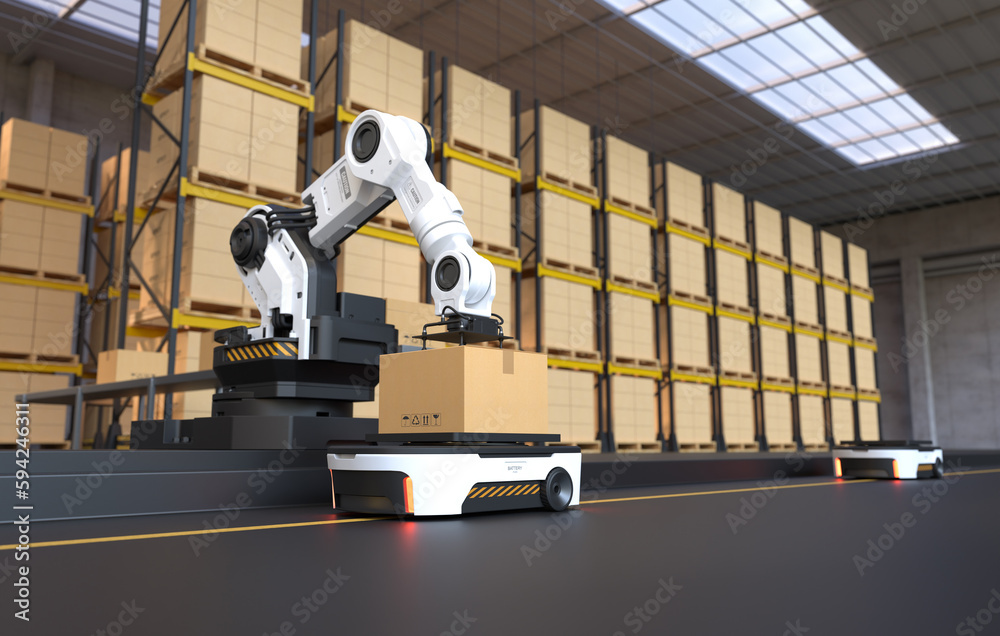 The Robot arm picks up the box to Autonomous Robot transportation in warehouses, Warehouse automatio