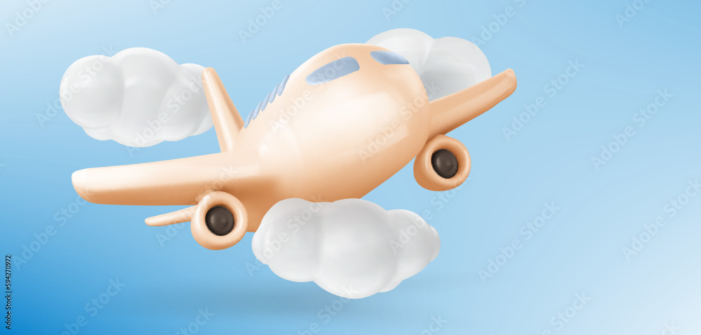 3d plane in air. Concept of travel, flight, trip with aeroplane in sky with white clouds. Vector car