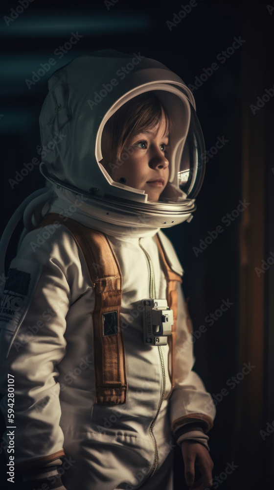 Little kid wearing spacesuit. Cosmonaut concept. Ai generated.