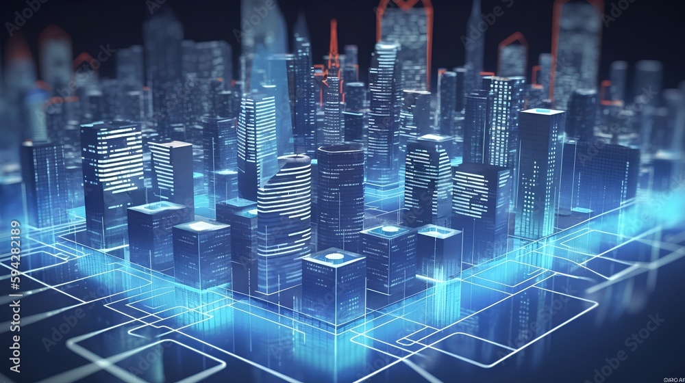 Smart city on a dark blue background, featuring intelligent infrastructure and connected buildings. 