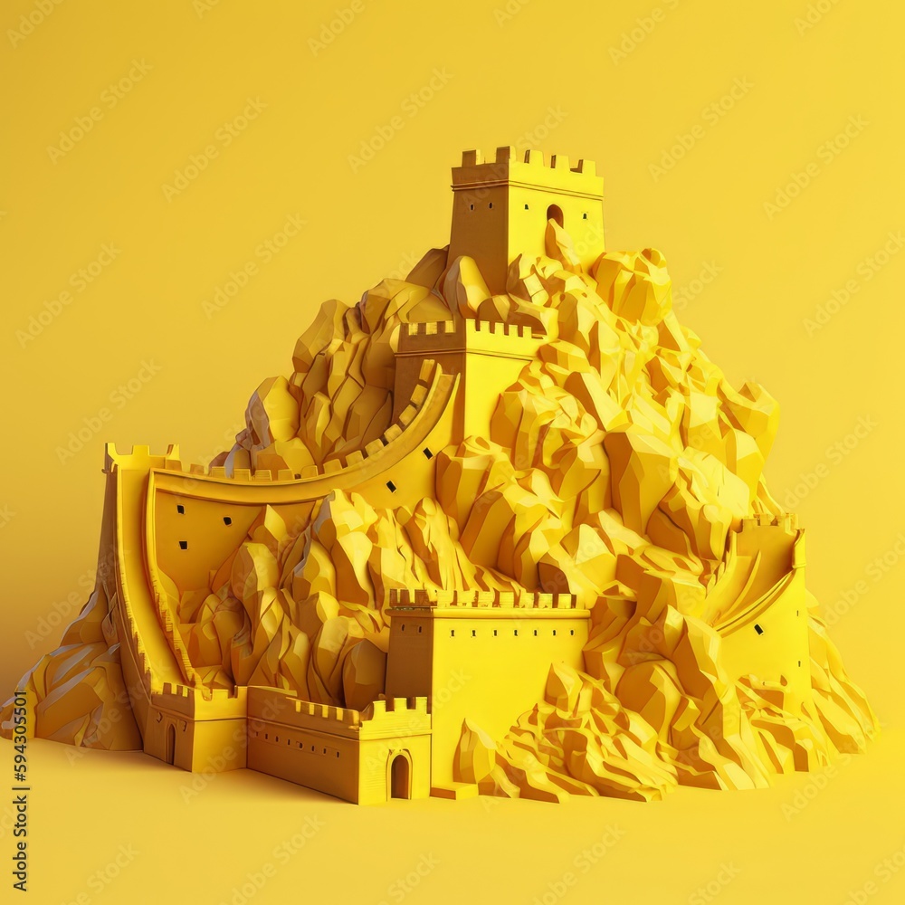 3d illustration golden Great Wall of China on yellow background