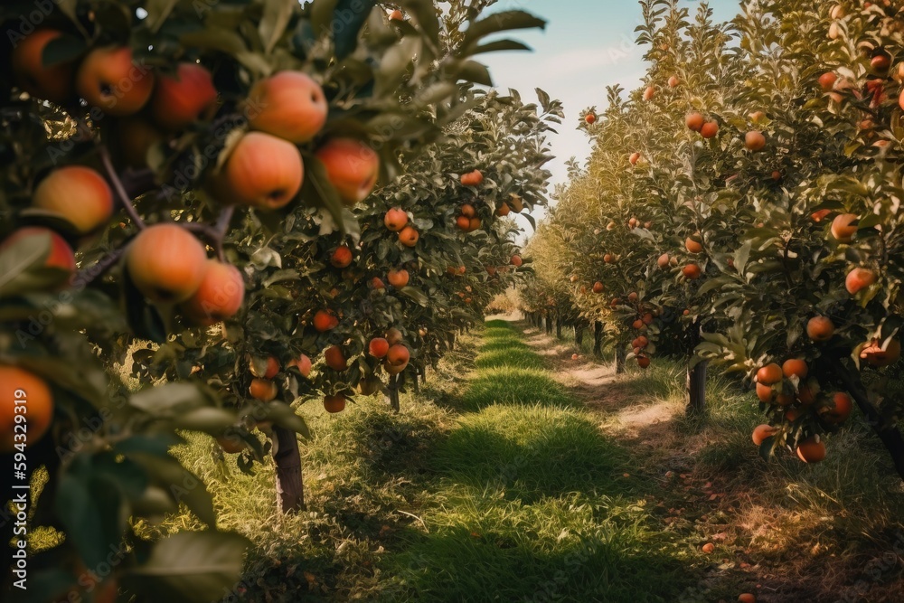  an orchard with lots of oranges growing on the trees sides and a dirt path leading to the center o