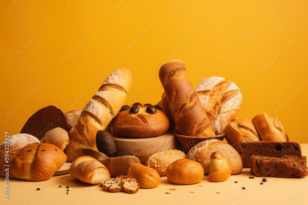  a table topped with lots of different types of bread and pastries on top of a yellow tablecloth nex