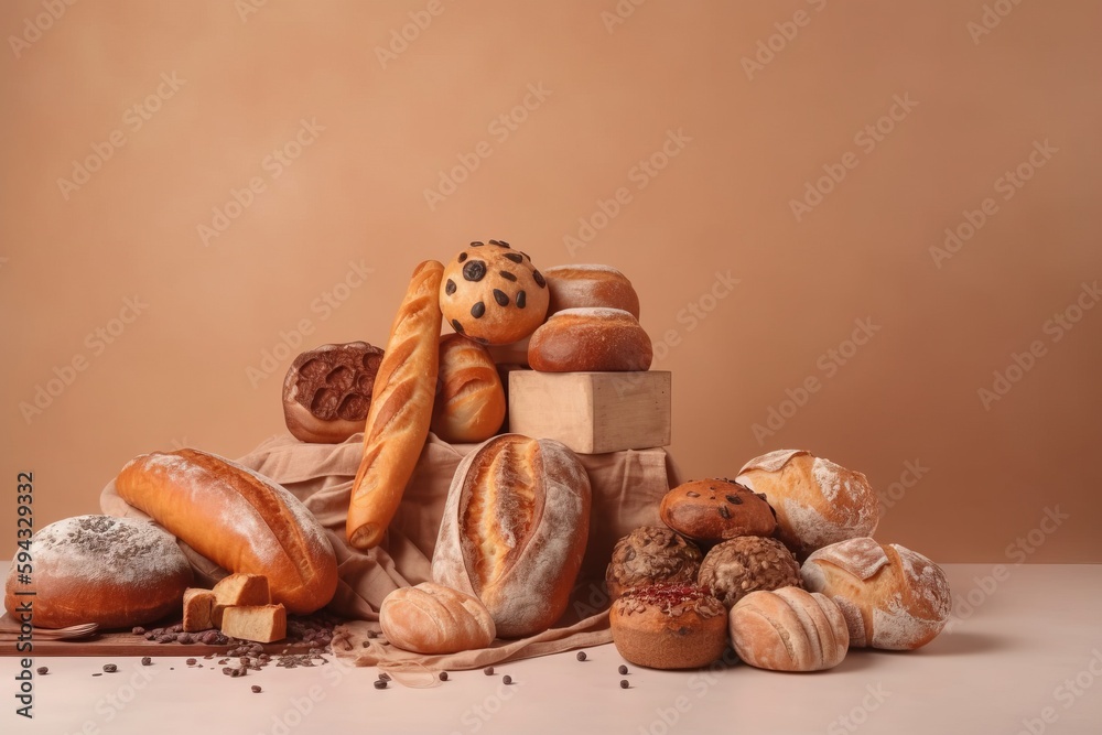  a pile of breads and pastries on a white table with a brown background and a brown background with 