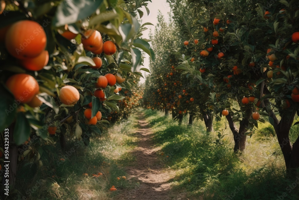  a dirt road surrounded by trees with oranges growing on its sides and a dirt path leading to the c