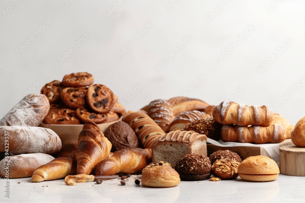  a table topped with lots of different types of breads and pastries on top of a white tablecloth cov