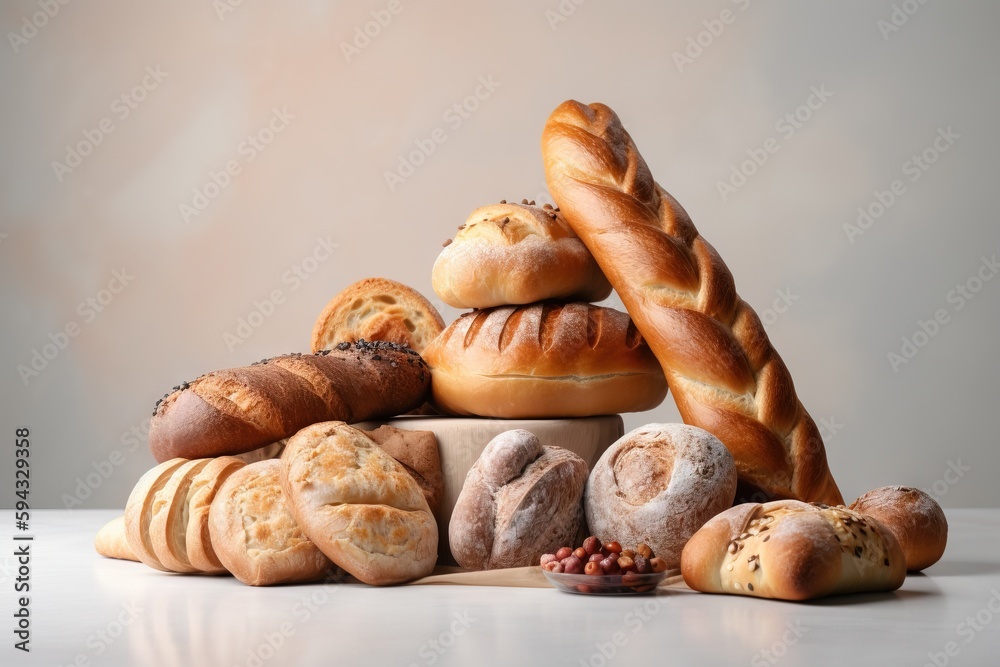  a pile of breads sitting on top of a white counter top next to a pile of other breads on top of a t