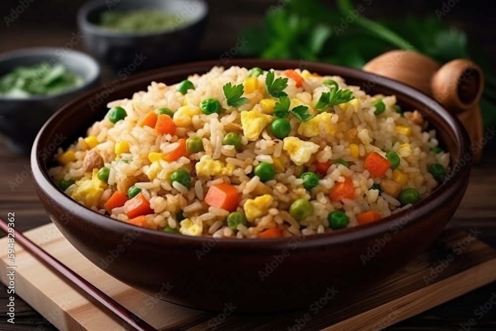  a brown bowl filled with rice and vegetables next to chopsticks on a wooden board with chopsticks n