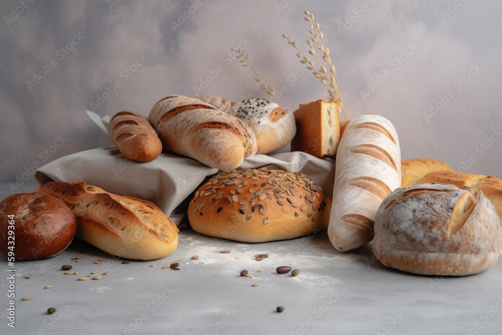  a bunch of breads and rolls on a table with a cloth on top of it and a bunch of grain on the side o