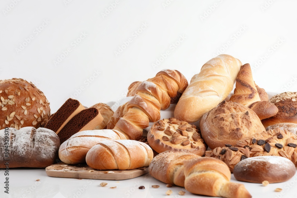  a bunch of breads and pastries on a white table top with a white background and a white wall in the