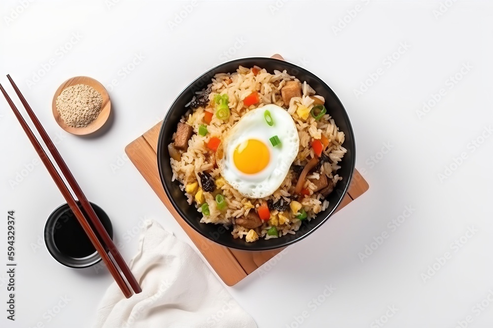  a bowl of rice with a fried egg on top of it and chopsticks next to it on a white surface with a wo