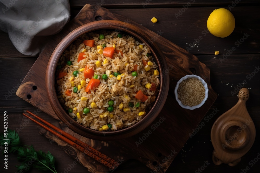  a bowl of rice with carrots and peas on a wooden board with chopsticks next to it and a lemon in th