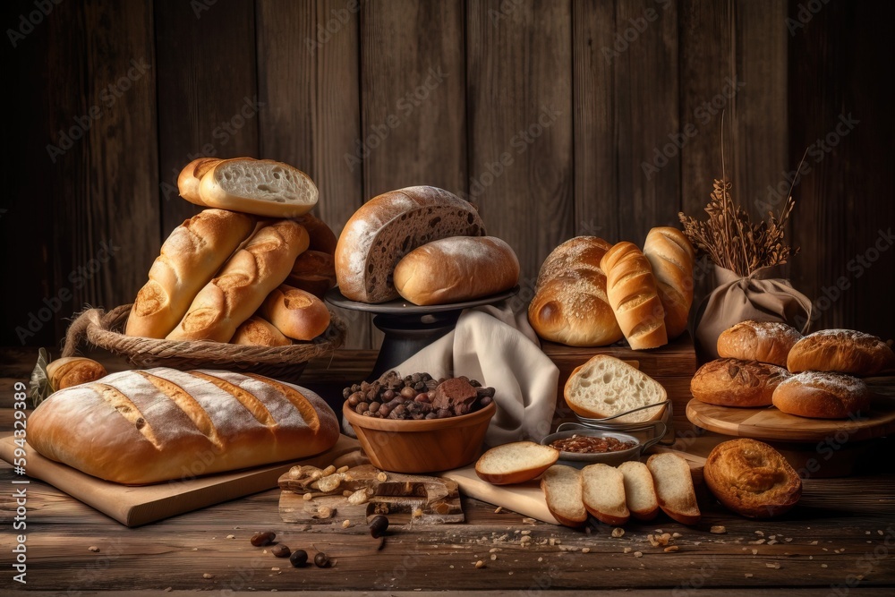  a table topped with bread and other items on top of a wooden table next to a basket of nuts and a b