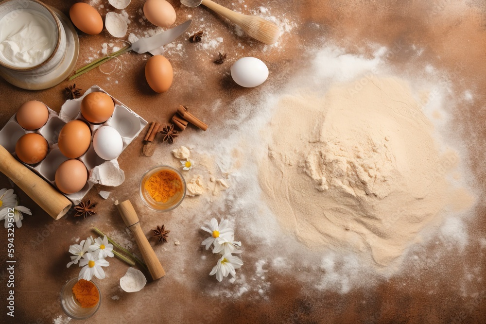  a table topped with lots of different types of food and baking utensils on top of a wooden table ne