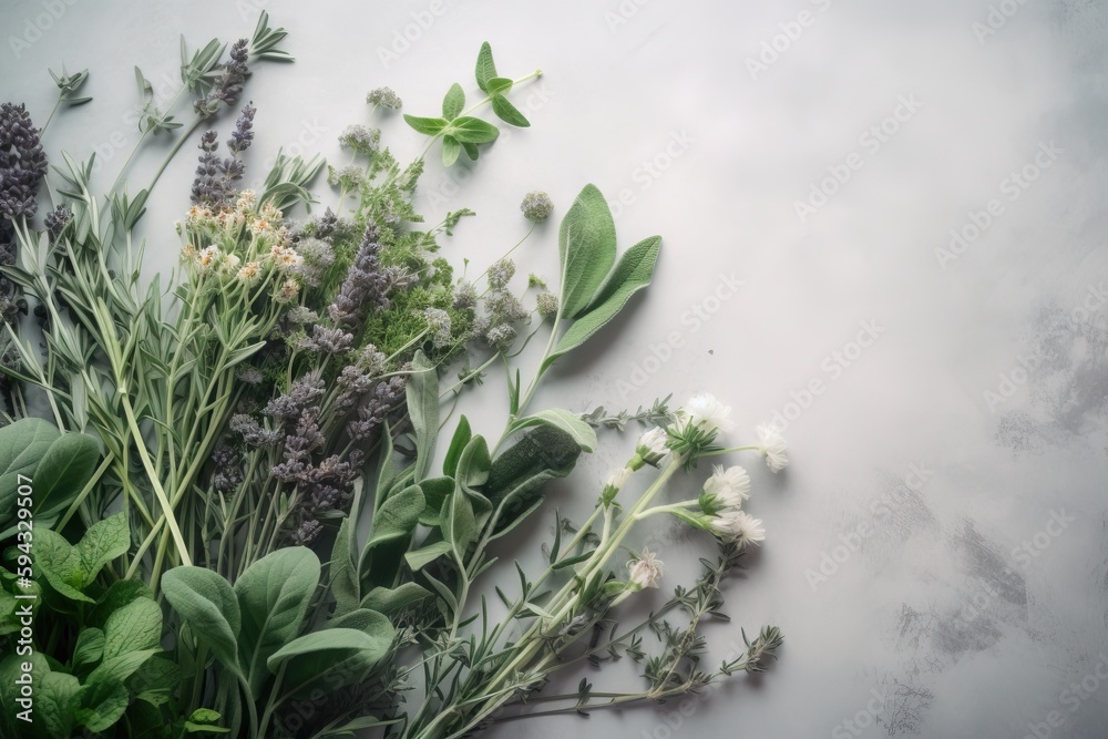  a bunch of different types of flowers on a white surface with green leaves and flowers on the side 