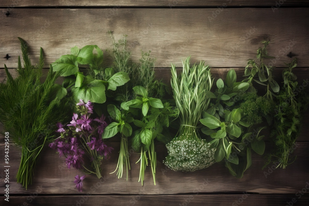  a bunch of different types of herbs on a wooden surface with a purple flower in the middle of the p