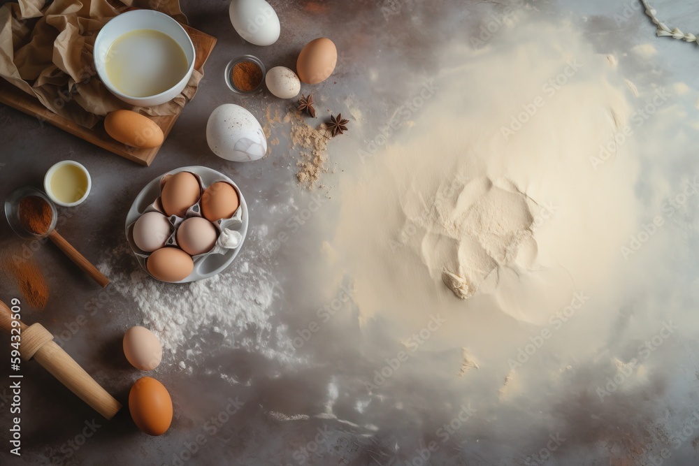  a table topped with eggs and flour next to a bowl of eggs and a rolling pin on top of a table with 