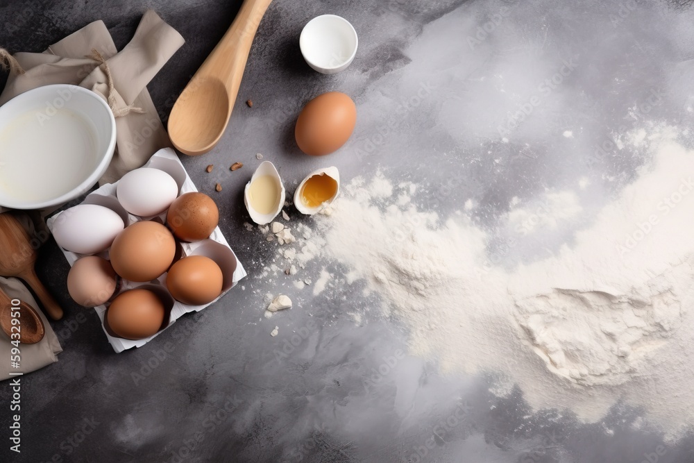  flour, eggs, flour spoons, and flour on a gray surface with a wooden spatula and wooden spoons on t