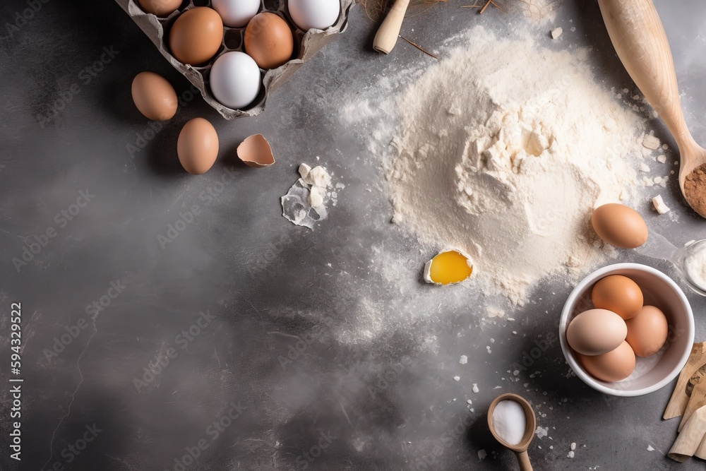  a table topped with eggs and flour next to wooden spoons and utensils on top of a gray tablecloth c