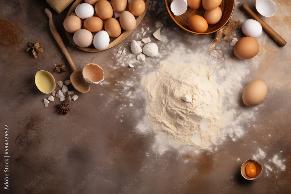  a table topped with bowls filled with eggs and other ingredients on top of a counter top next to wo