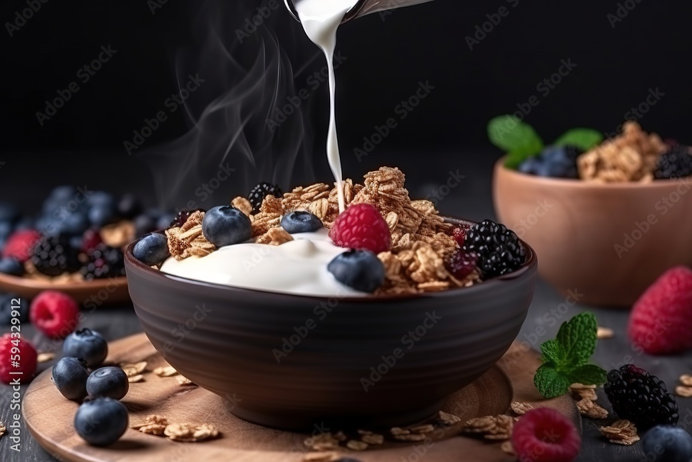  a bowl of granola with yogurt and berries on a wooden plate with a spoon pouring milk into it and a